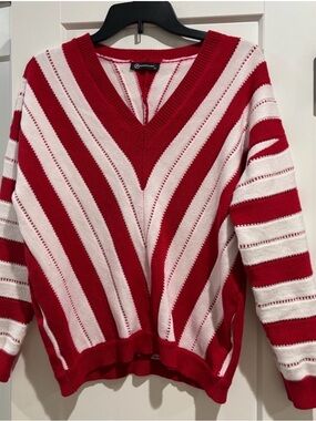 Striped V-Neck Sweater in Red and Light Pink - Women's